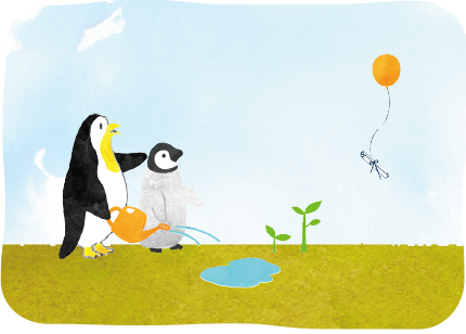 植物を育てるペンギンの親子