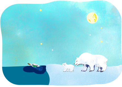 クマの親子の夜の散歩